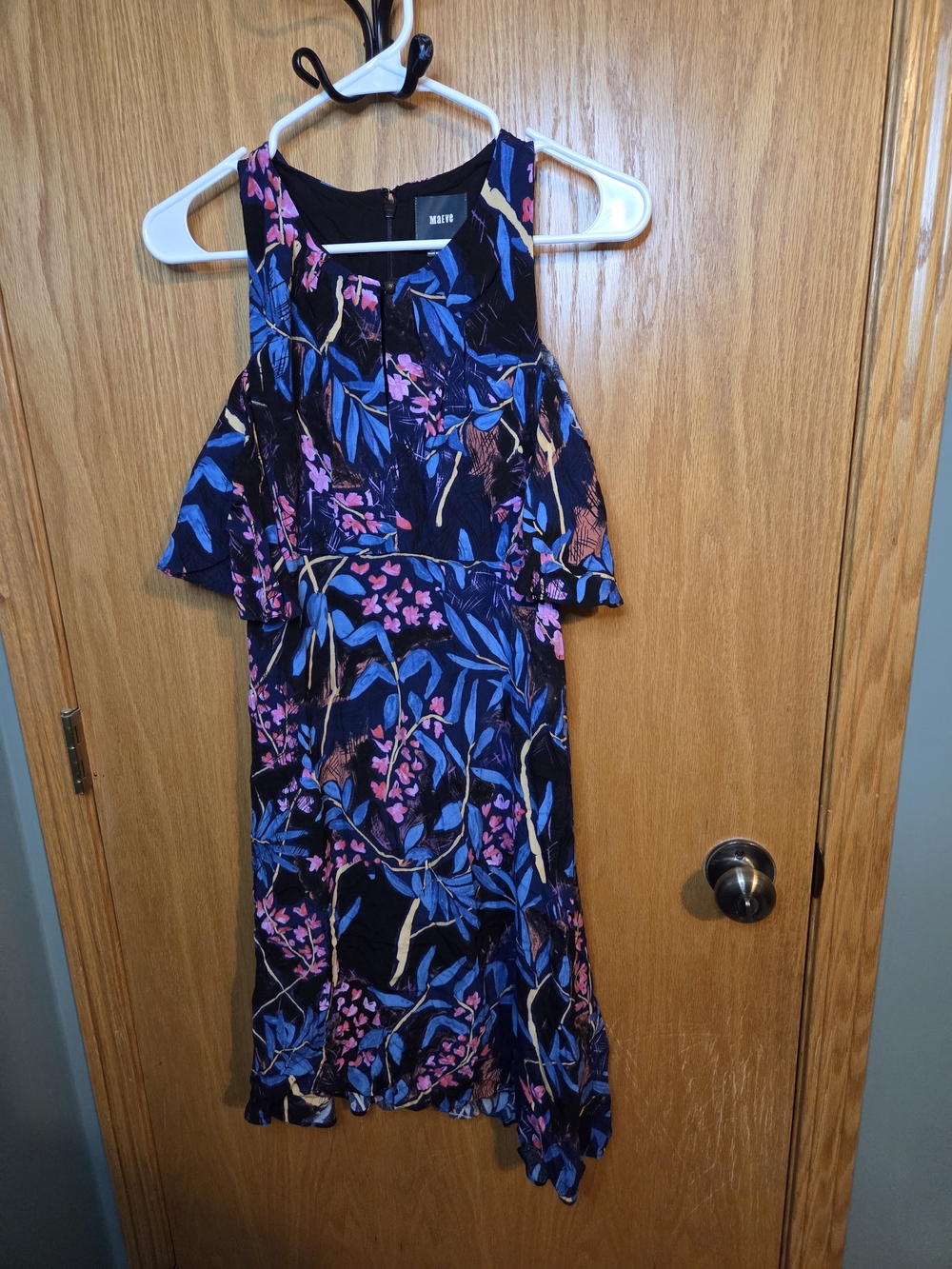 Maeve Black Midi Dress with Blue & Pink Floral Print